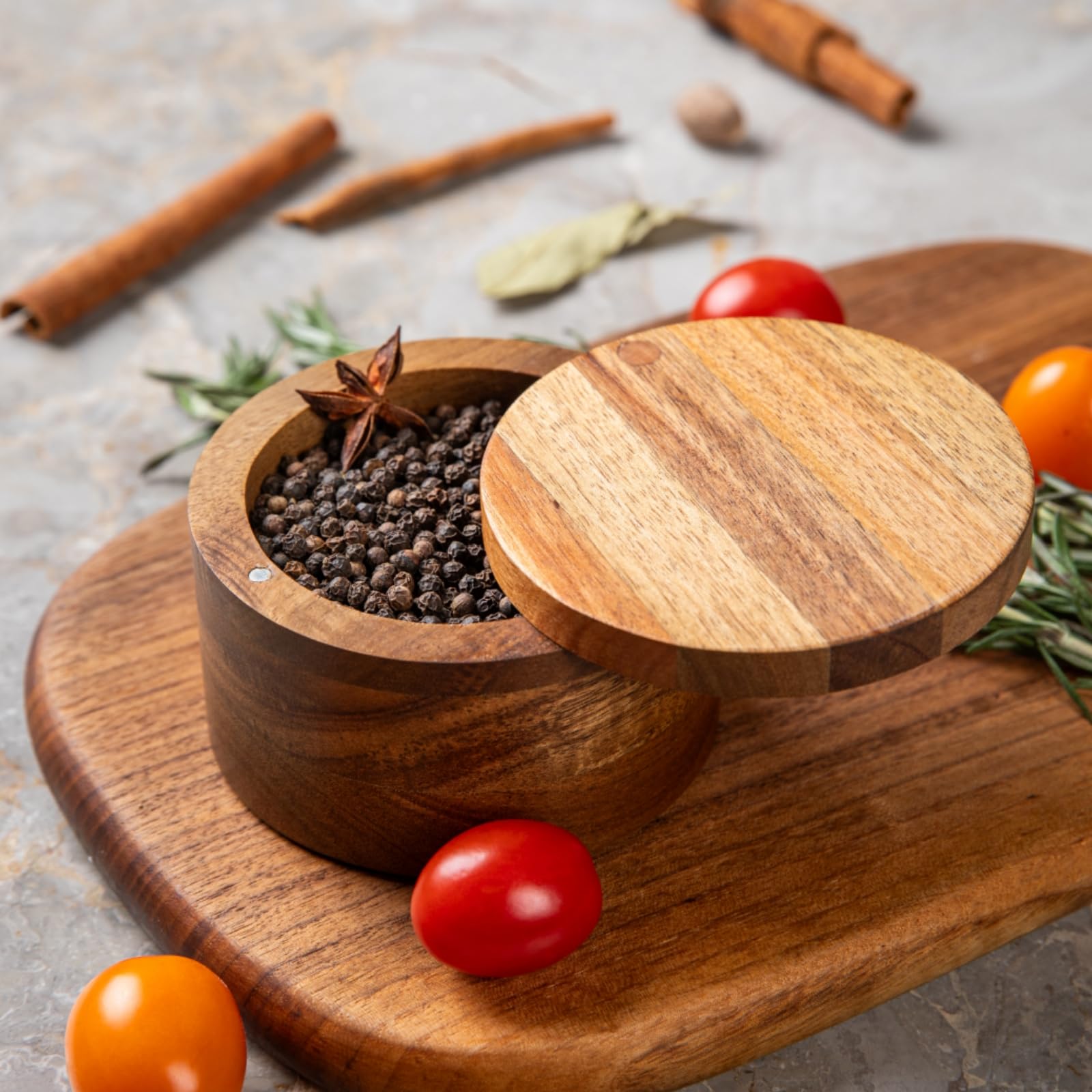 Pochita Global Acacia Wood Salt Cellar Bowl Box with Swivel Magnetic Lid to Avoid Dust, Elegant Kitchen Salt Container Holder with to Storage Pepper Spice Bath Salt Sea Salt, 6OZ（No Spoon）