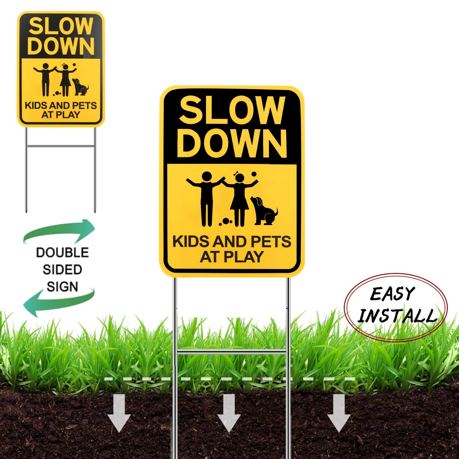 Eyoloty Slow Down Sign With Metal Stake,12"*16" Kids & Pets at Play Sign for Street Neighborhoods,Double Sided Corrugated Plastic Yard Sign,Child Safety Caution Signs,Waterproof,Non-Fading (3 Pack)