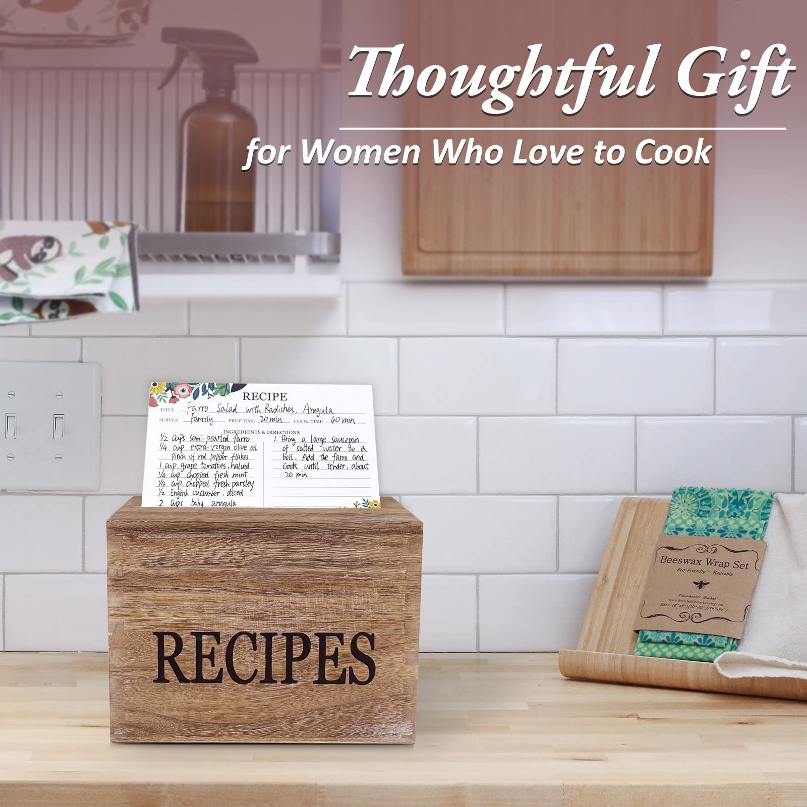 feasteery Recipe Box,100 Recipe Cards with Dividers,100 Card Protectors,Rustic Wood Box Organizer Set to Write in Your Own Recipes,Cute Box for Housewarming Grandma Mom Wedding Bridal Shower