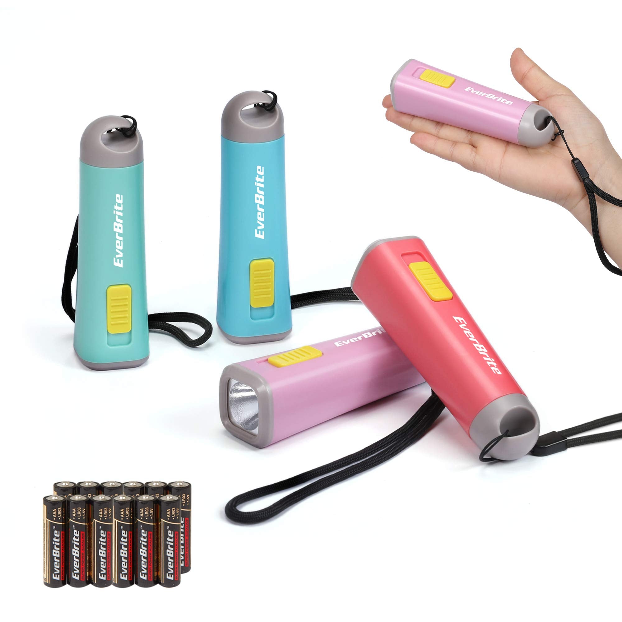 EverBrite 4-Pack Multi-Color Kids Flashlight, Mini LED Flashlight, Plastic Torch Use for Emergencies, Camping, Outdoor with Lanyard, 3AAA Battery Included