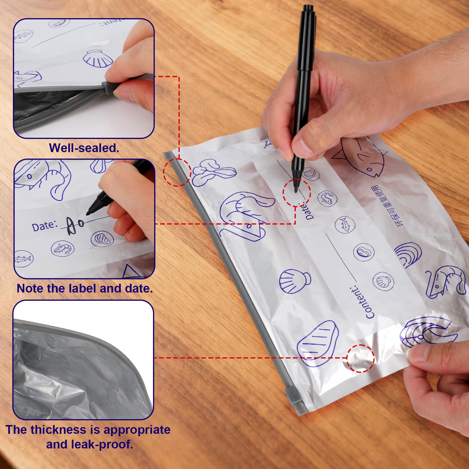 30pcs Aluminum Foil Reusable Sealable Storage Bags, 3 Sizes Resealable Vacuum Zipper Bags with 2 Pen Freezer Zip Lock Organization with Labels for Food Vegetables Meat Fruits