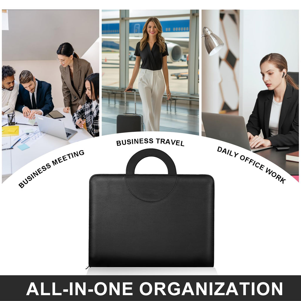 Leathario Portfolio, Vegan Leather A4 Padfolio with Handle, 3-Ring Zipper Binder, Includes 5 5-Tap Binder Dividers, Multi-Pocket Business Folder for Tablets, Files and Notepads, Office Supplies