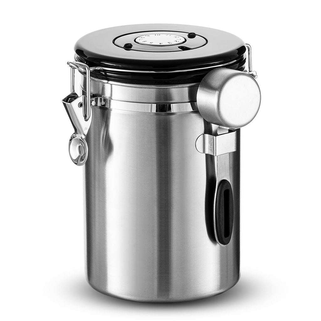Dyserbuy Airtight Coffee Canister, Stainless Steel Coffee Beans and Grounds Storage Container with Date Tracker, Scoop, CO2 Valves, for Beans, Grounds, Tea, Sugar, Silver