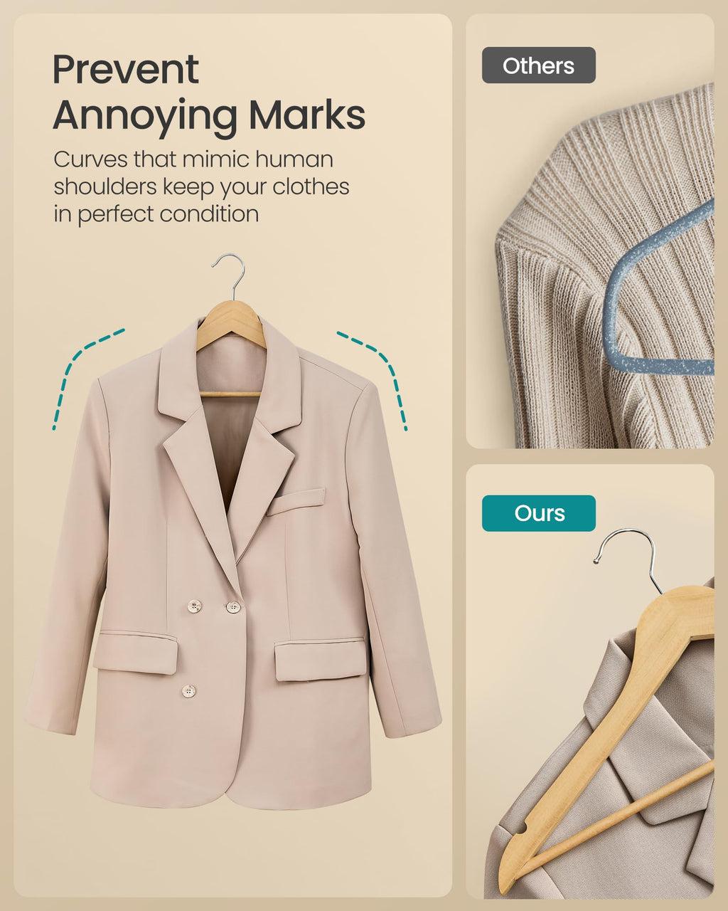 SONGMICS Wooden Hangers, Coat Hangers, Pants Bar, 360° Swivel Hooks, Solid Birch Wood, Space-Saving, for Jackets, Shirts, Coats, Pack of 30, Natural Beige UCRW030K01