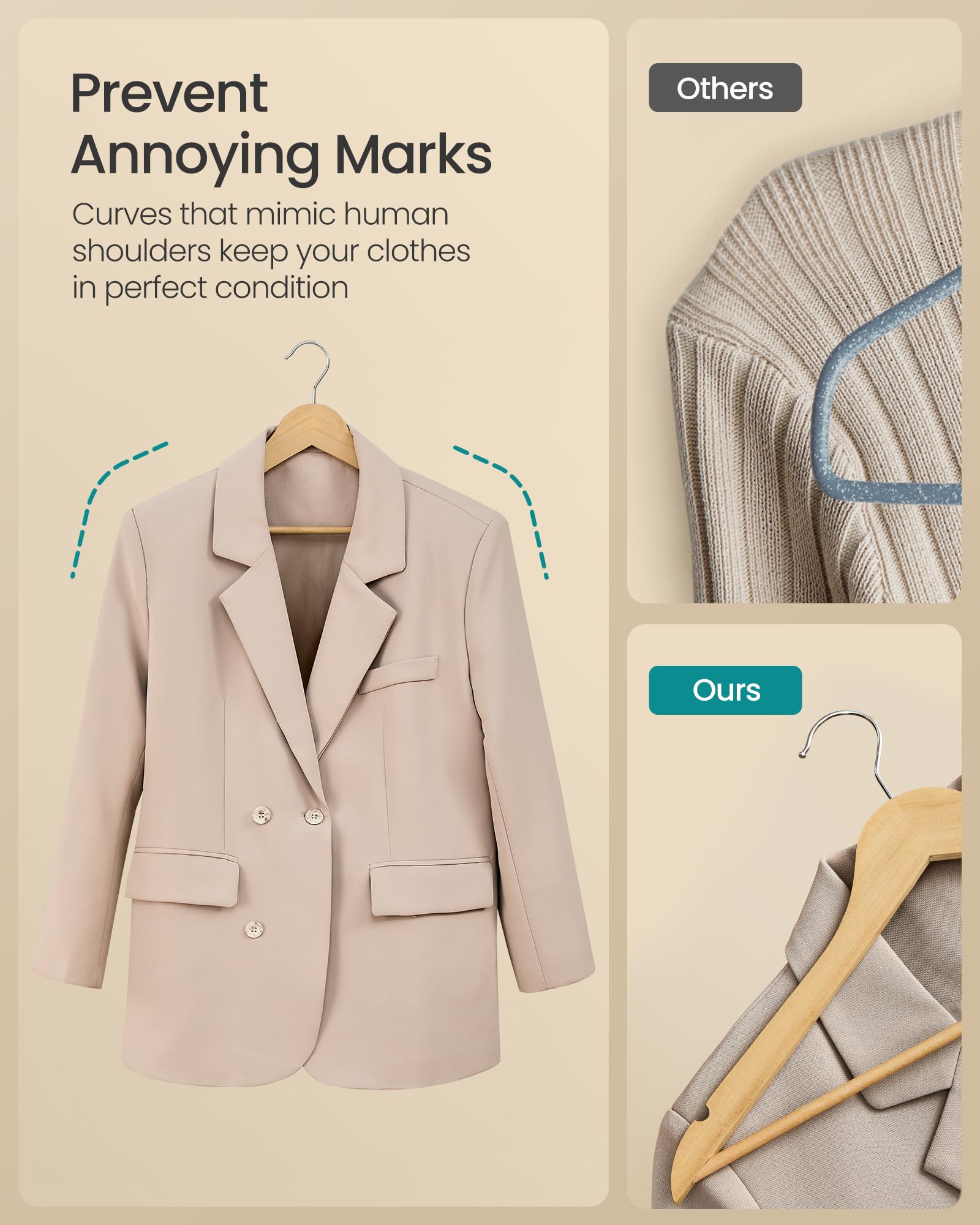 SONGMICS Wooden Hangers, Coat Hangers, Pants Bar, 360° Swivel Hooks, Solid Birch Wood, Space-Saving, for Jackets, Shirts, Coats, Pack of 30, Natural Beige UCRW030K01