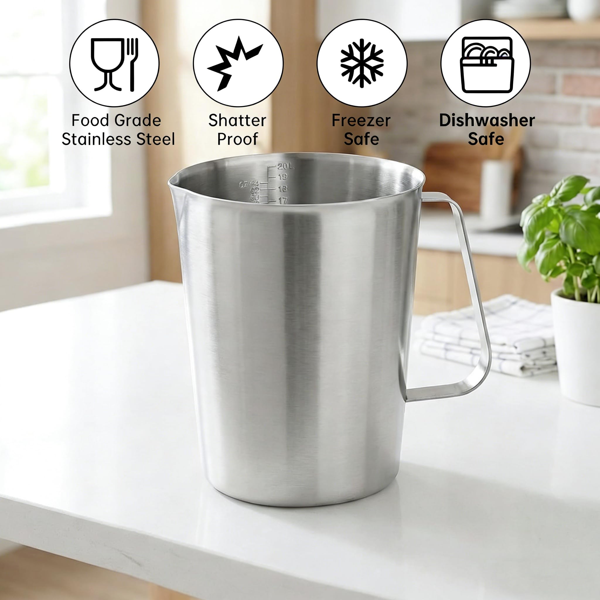Stainless Measuring Cup (2000ML), KSENDALO 8 Cup Stainless Measuring Cup, Stainless Pitcher with Marking with Handle, 64 Ounces (2.0 Liter)