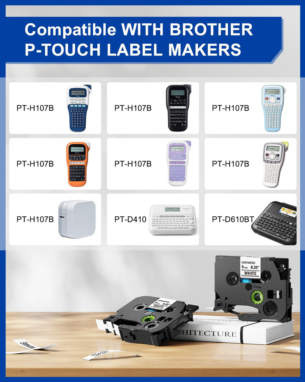 TZe-221 Replace for Brother P-Touch Label Tape 9mm White TZe221 Laminated TZ Tape for Brother PT-D210 PT-D220 PT-H110 PT-1890 PT-D600 Label Maker, 4-Pack