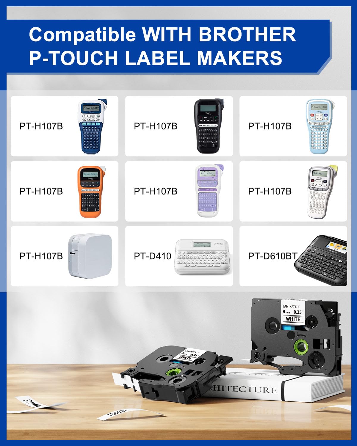 TZe-221 Replace for Brother P-Touch Label Tape 9mm White TZe221 Laminated TZ Tape for Brother PT-D210 PT-D220 PT-H110 PT-1890 PT-D600 Label Maker, 4-Pack