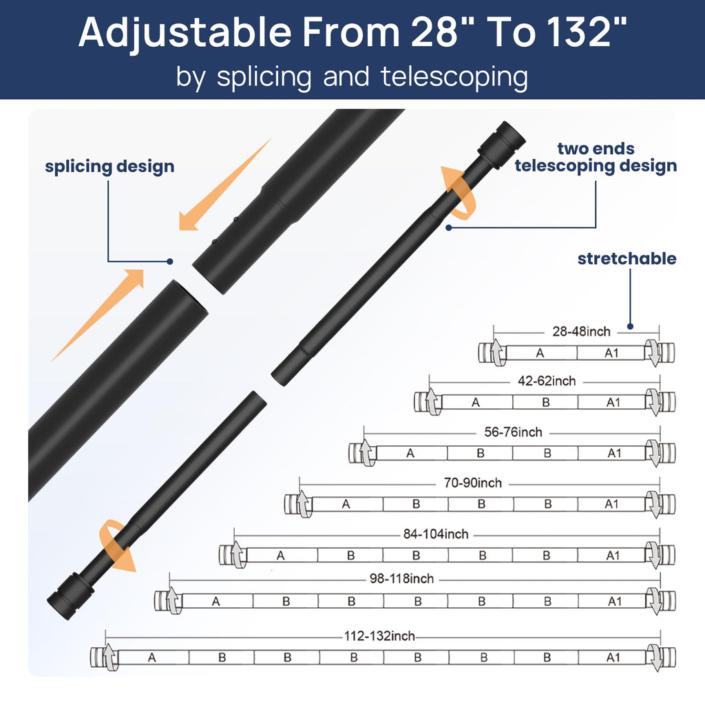 ENJOYBASICS Matte Black Curtain Rods for Windows 66 to 120 Inches, 1 Inch Diameter Adjustable Curtain Rod, Extra Long Curtain Rod with Brackets, Heavy Duty Drapery Rod for Living Room, 28"-132"