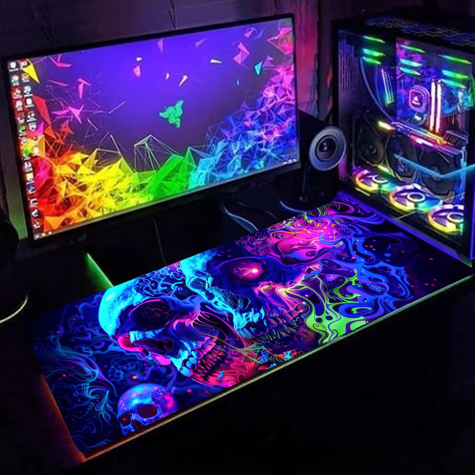 Simpkeely Horror Skull Mouse Pad, Large Waterproof Blacklight Colorful Skeleton Neon Gaming Non-Slip Rubber Base Mousemat, Glow in The Dark Abstract Desk Mat for Office Home - 31.5 x 11.8 inches