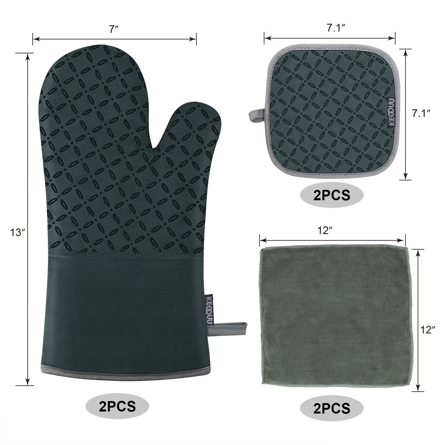 KEGOUU Oven Mitts and Pot Holders 6pcs Set, Kitchen Oven Glove High Heat Resistant 500 Degree Extra Long Oven Mitts and Potholder with Non-Slip Silicone Surface for Cooking