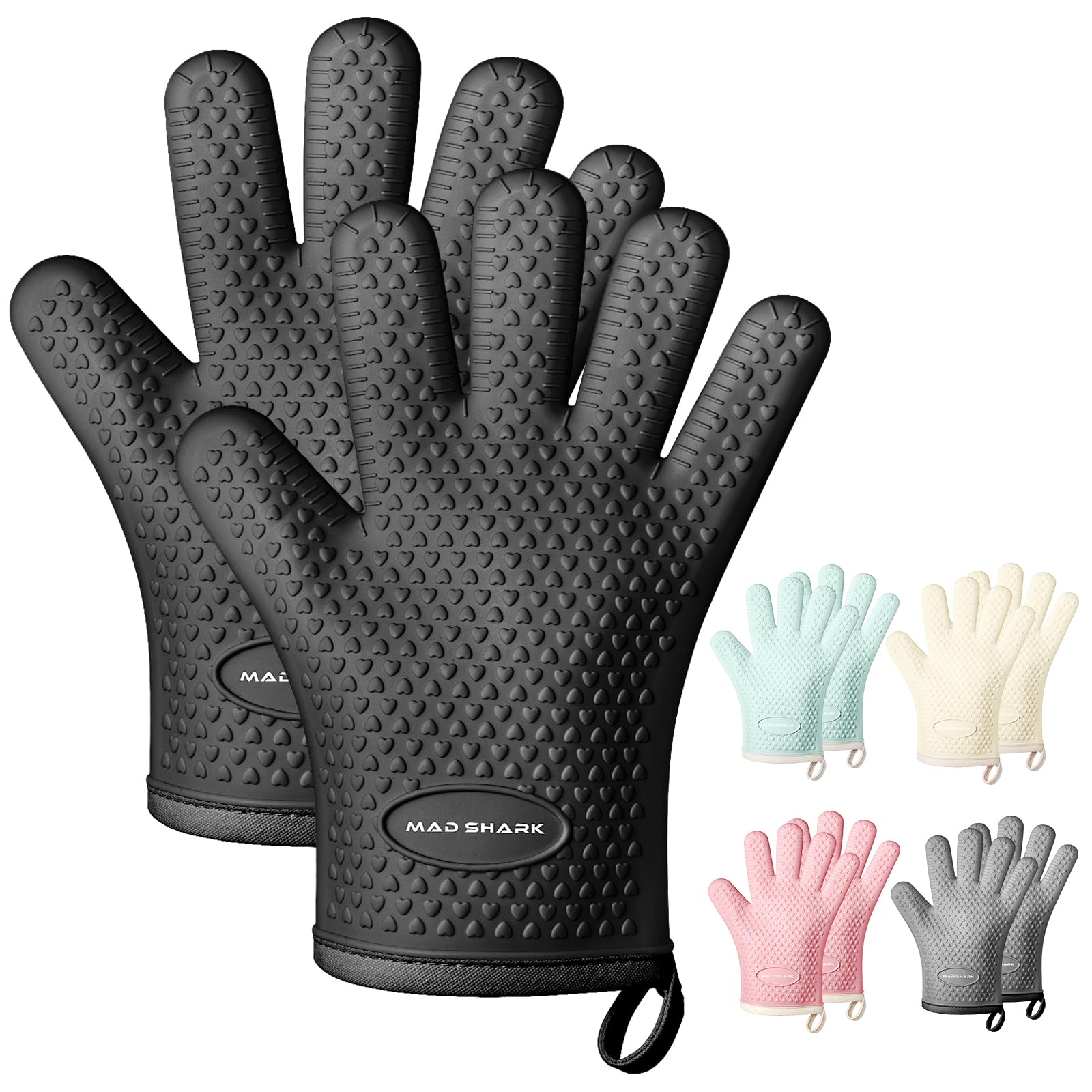 MAD SHARK Silicone Oven Mitts Heat Resistant 450 Degrees,Waterproof & Non-Slip Oven Gloves with Fingers,Cotton Lined Silicone Oven Gloves Kitchen Mitts for Baking Cooking Barbecue,Women (Black)
