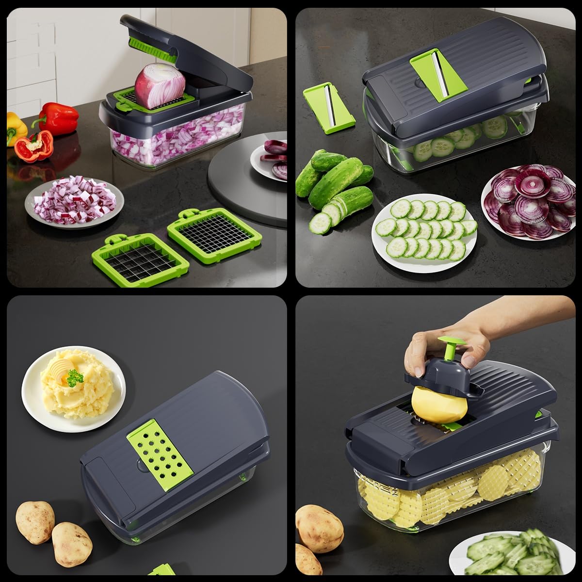 Chkout Vegetable Chopper with Container, 13-in-1 Mandoline Slicer Dicer & Spiralizer, Onion Veggie Chopper, Potato Fry Cutter, Manual Food Chopper, Kitchen Tools Gadgets, Stainless Steel Blades