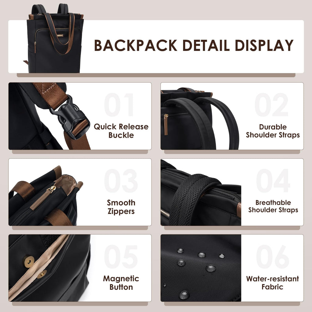 Convertible Laptop Backpack for Women Casual Daypack Notebook Tote Bag for Work College Travel Leisure (Black)
