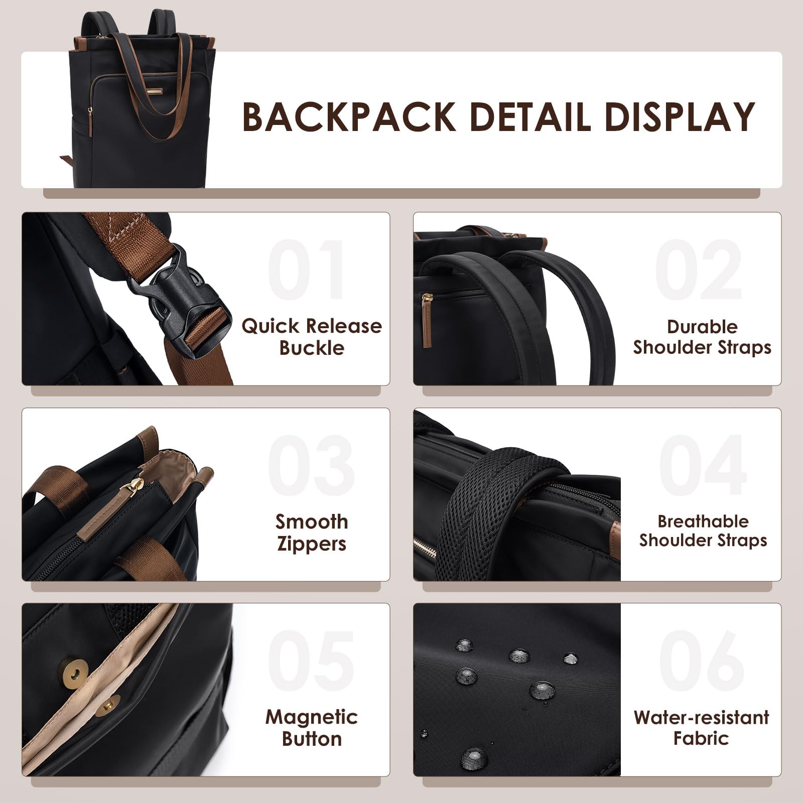 Convertible Laptop Backpack for Women Casual Daypack Notebook Tote Bag for Work College Travel Leisure (Black)
