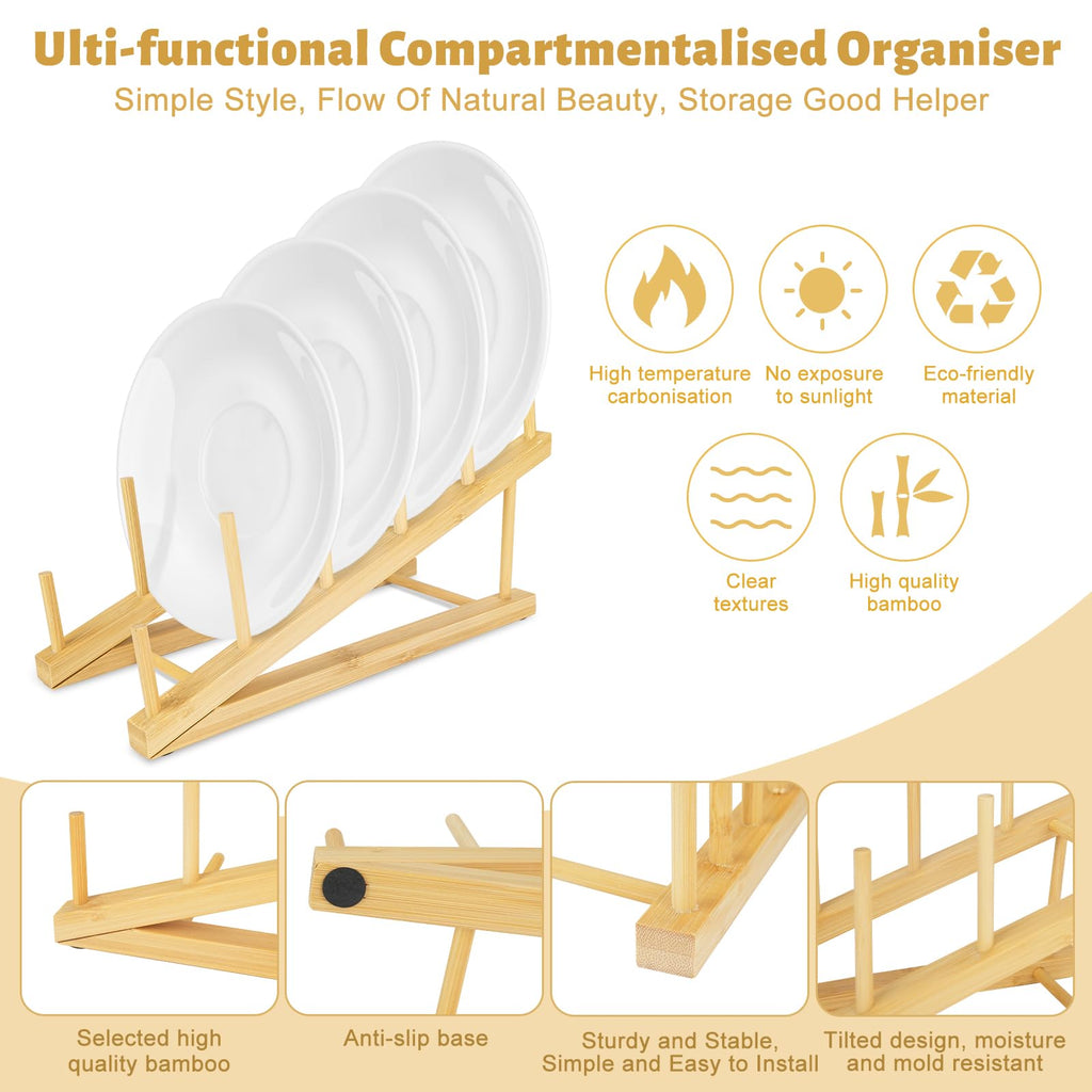 6 PCS Bamboo Dish Drying Rack Wooden Pot Lid Holder, SHAIDOJIO Plate Stand Drainer Kitchen Cabinet Organizer for Dish, Pot Lids, Bowls, Cups, Cutting Boards, Books (5 Slots)