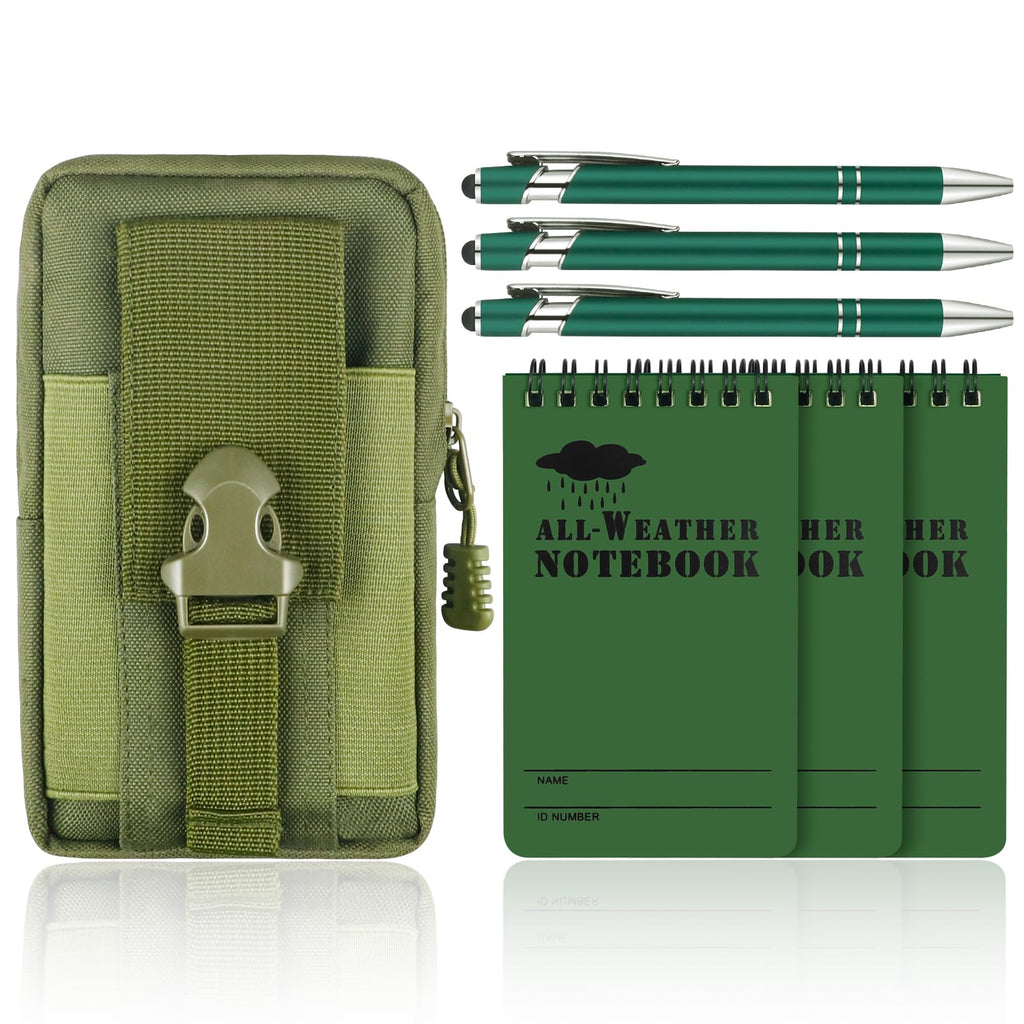 7 Piece Waterproof Notebook Set, 3 X 5 Inch Write in The Rain Notebook All Weather with Pen and Waterproof Multi Functional Waist Pack for Outdoor Activities Recording (Army Green)
