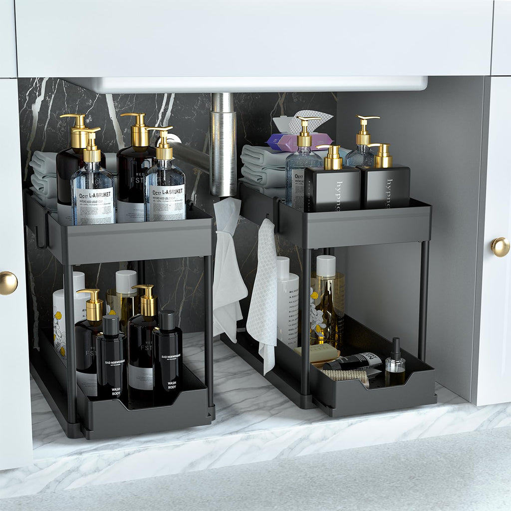 DEKAVA Under Sink Organizer 2 Pack, Bathroom Organizers, 2 Tier Sliding Cabinet Basket Organizer Drawer, Multi-Purpose Bath Collection Baskets for Bathroom (Black)