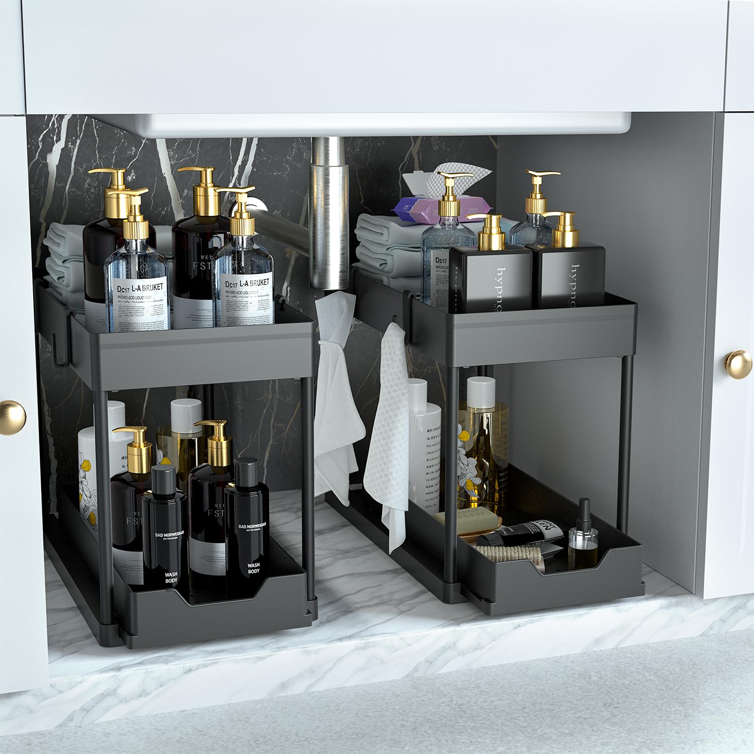 DEKAVA Under Sink Organizer 2 Pack, Bathroom Organizers, 2 Tier Sliding Cabinet Basket Organizer Drawer, Multi-Purpose Bath Collection Baskets for Bathroom (Black)