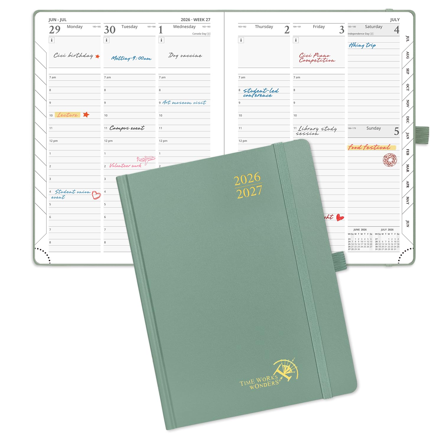 POPRUN 2026-2027 Academic Planner, 6.5" x 8.75", Weekly and Monthly Calendar, July 2026 to June 2027, Hardcover Appointment Book with Verital Layout, Hourly Time Slots, Monthly Tabs - Midnight Green