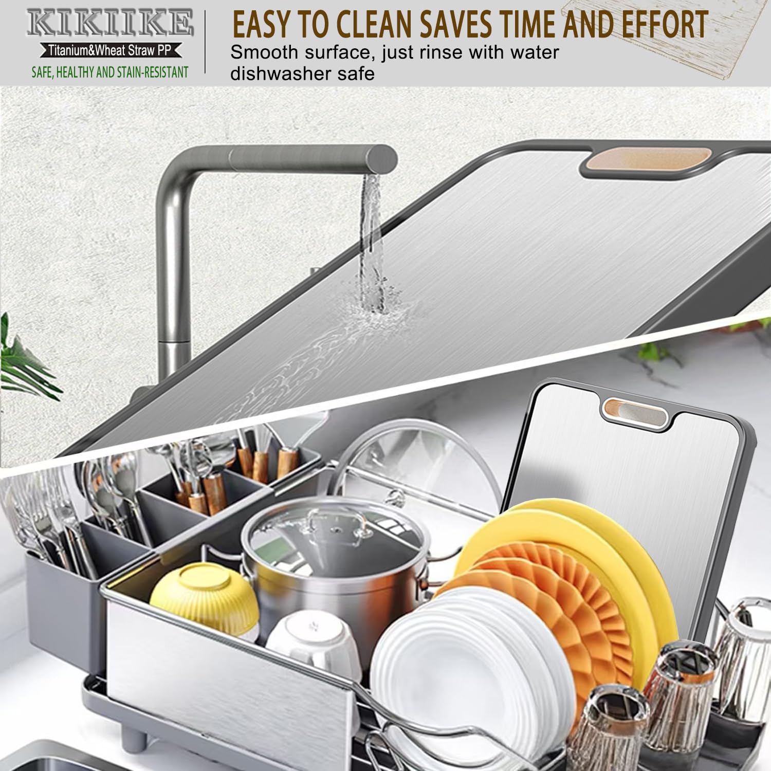 Titanium Cutting Board Double Sided Pure Titaniums Cutting Boards for Kitchen, Pure Titanium & Wheat Straw PP Food Grade Metal Cutting Board, Non-Slip Durable and Easy to Clean (Large)