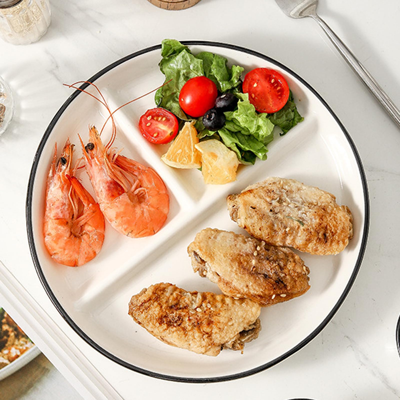 Divided Plates for Adults (2 Packs),Ceramic Portion Control Plate Sectioned with Dividers,Round 9 Inch 3 Compartment Food Separator Dinner Plates BPA Free Reusable Dishwasher Microwave Safe