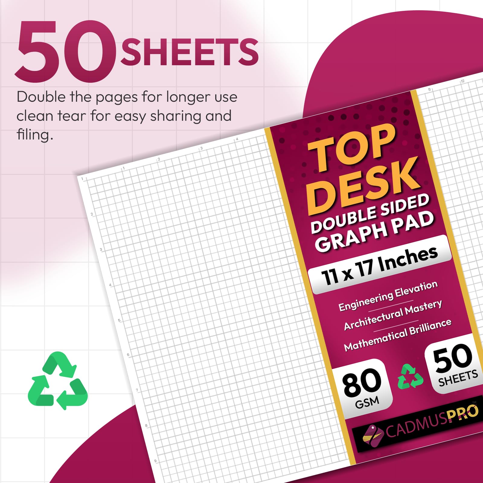 Large 17x11 Graph Paper Desk Pad 50 Sheets – Double-Sided 1/4" Quadrille Grid 80 GSM Ledger Paper | Professional Drafting & Engineering Pad for Architects, Designers, and Math Students