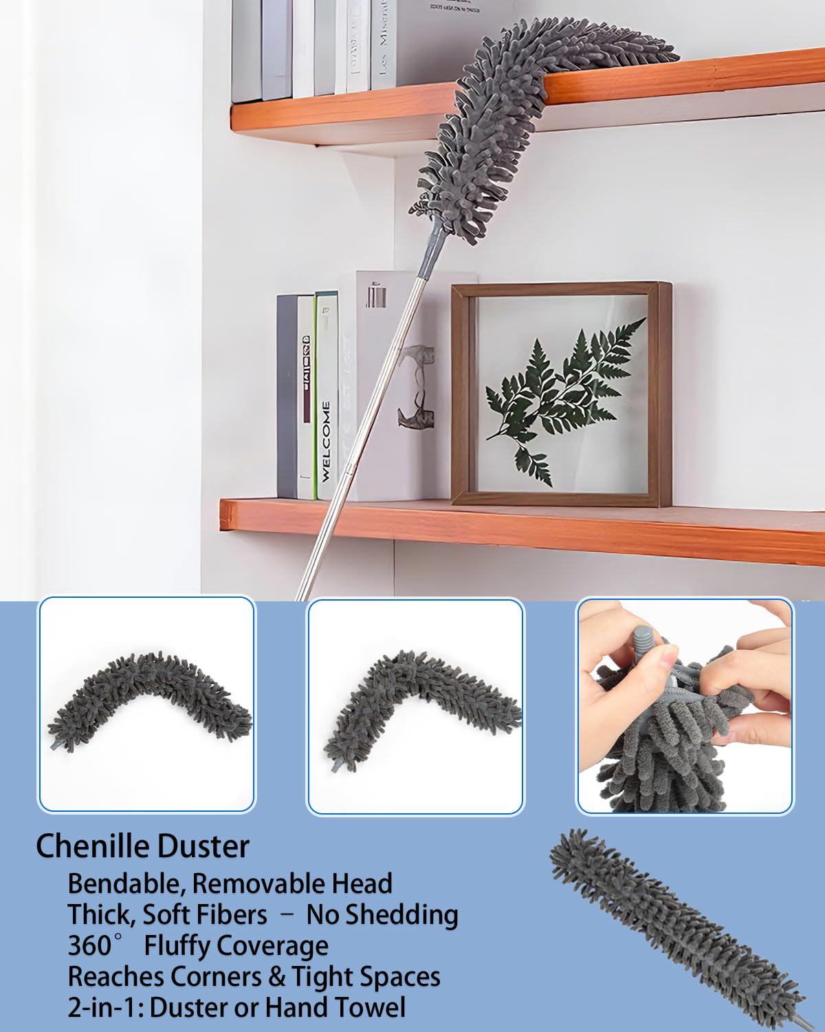 5 PCS Dusters for Cleaning, Extendable Duster Set with 100'' Telescopic Pole, Microfiber Feather Duster, Chenille Duster, Flat Dusting Pads for High Ceilings Fans Blinds, Furniture Cleaning Supplies