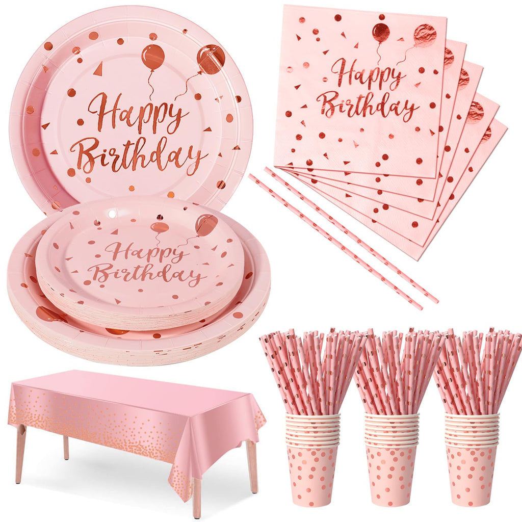 Nkaiso Party Tableware 121Pcs Pink and Rosegold Happy Birthday Theme Kids Birthday Decoration Party Accessories Set Includes Paper Plates Napkins Cups, for Party Supplies-24 Guests