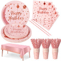 Nkaiso Party Tableware 121Pcs Pink and Rosegold Happy Birthday Theme Kids Birthday Decoration Party Accessories Set Includes Paper Plates Napkins Cups, for Party Supplies-24 Guests