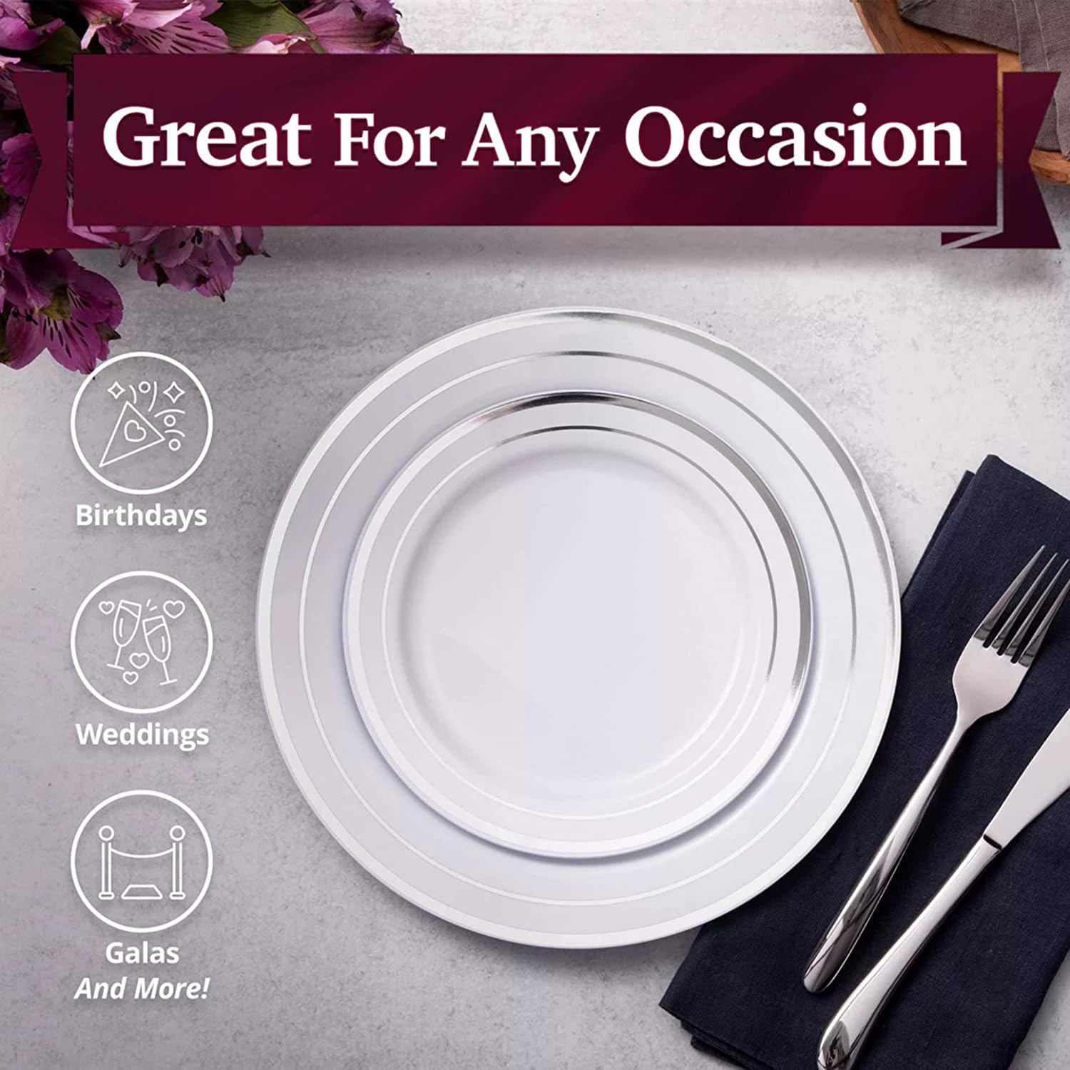 60Pcs Plastic Party Plates White Silver Rim, 30 Premium Heavy Duty 10.25 Inch Dinner Plates and 30 Disposable 7.5 Inch Dessert Appetizer Elegant Fancy Heavy Duty Wedding Plates