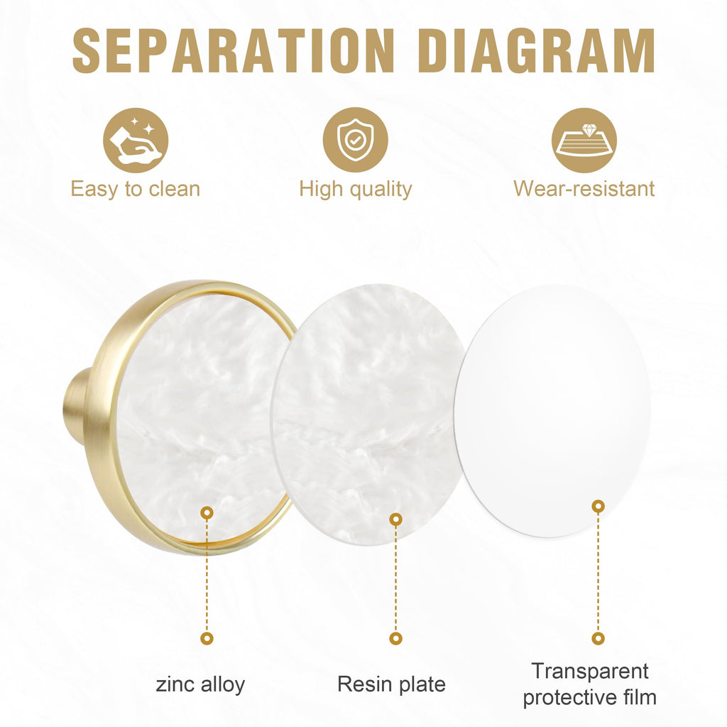 Dechours Pearl Gold Drawer Knobs, Dresser Knobs 6 Pack, 32mm Brushed Gold Cabinet Knobs, Wall Hooks (Snow White Pearl Surface)