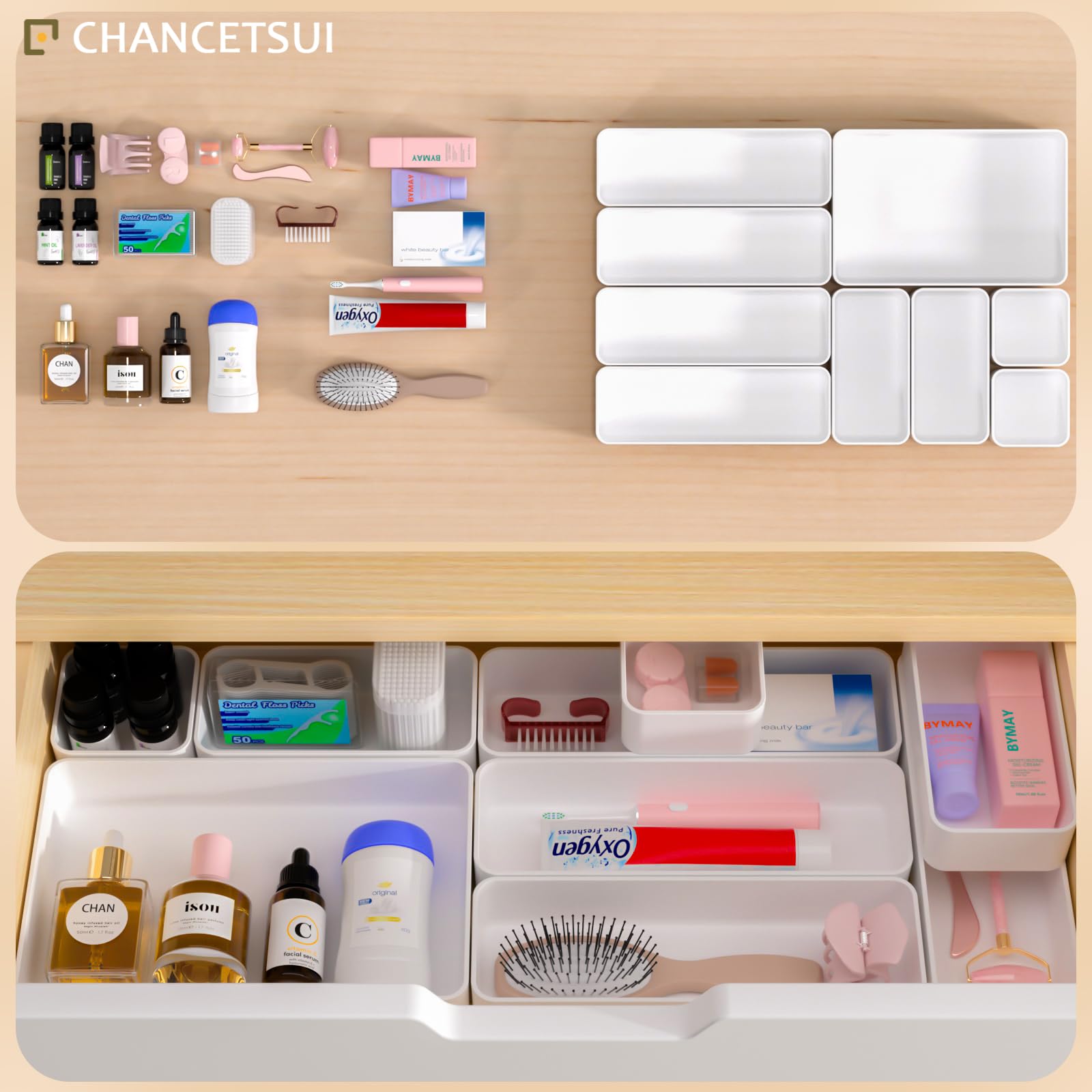 9 Pcs Stackable Drawer Organizer Trays Set, Multifunctional Stackable Storage Trays for Vanity, Bathroom, Kitchen, Desk Drawer Organizer Office. Plastic Drawer Organizers.