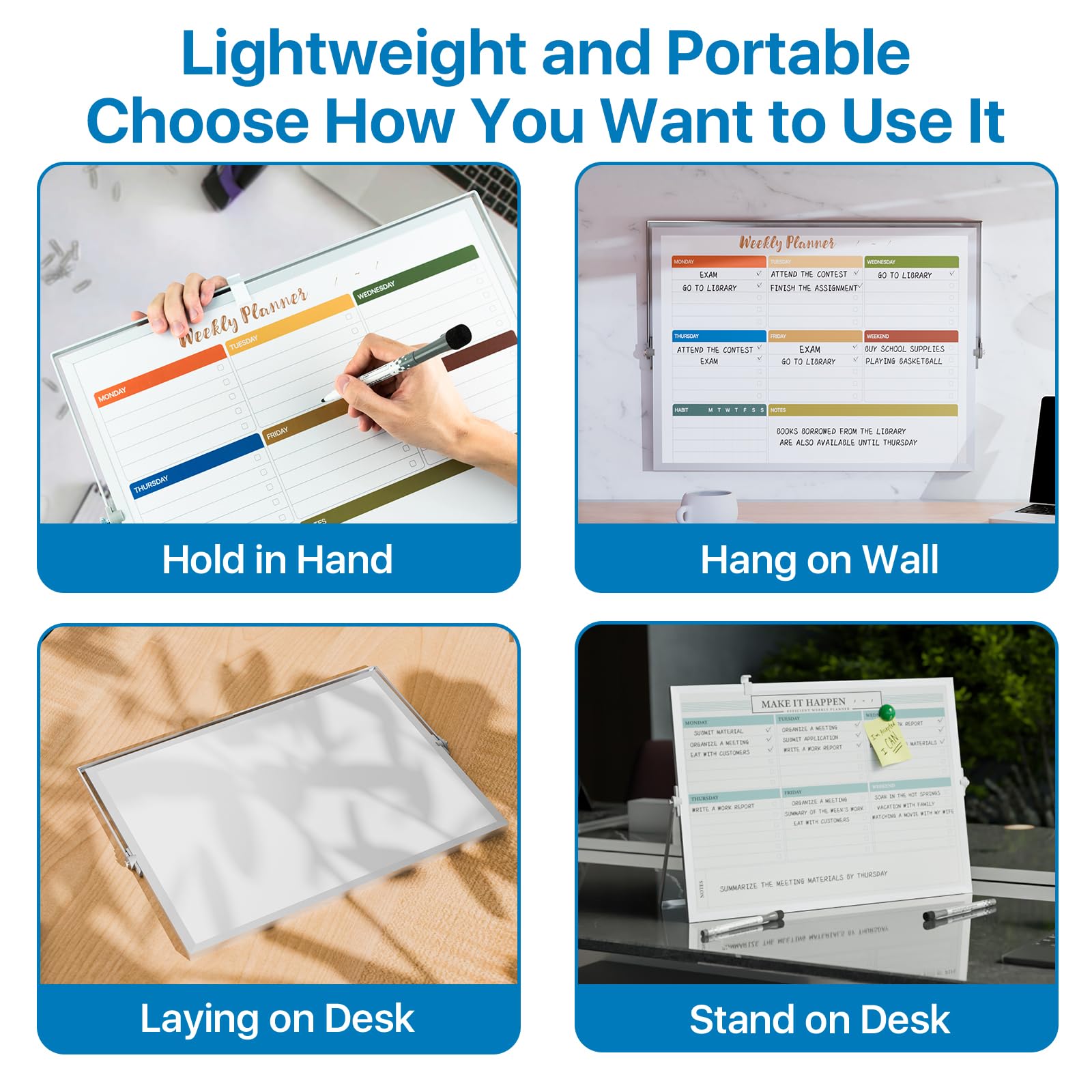 Dry Erase White Board with Stand, Double-Sided Weekly Whiteboard 16"x12", 10 Markers, 6 Magnets, 1 Eraser, Portable Desktop Whiteboard for Planning, Weekly Schedule Board for Home