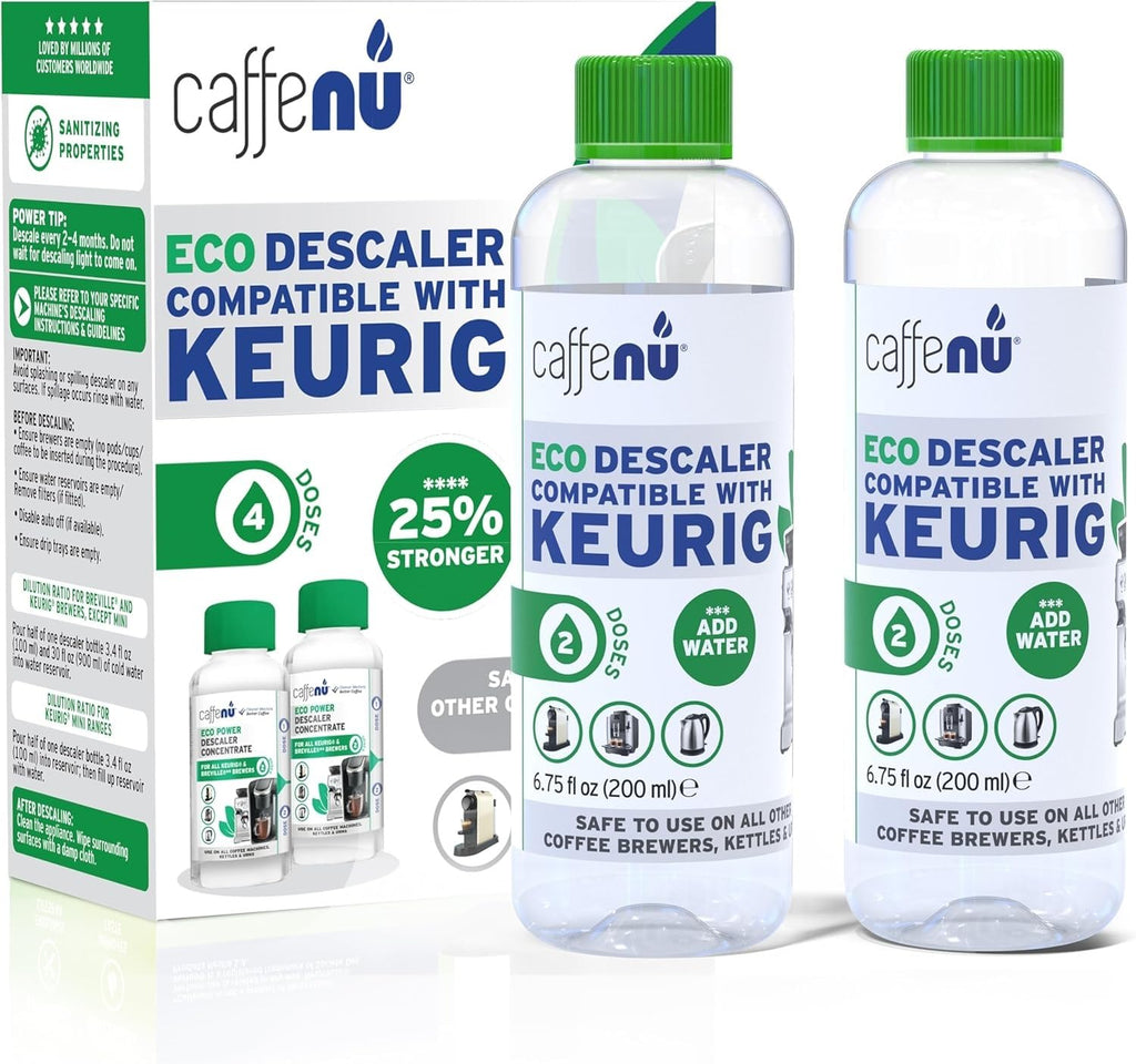 Keurig Compatible Descaling Solution. 2 Bottles of Descaler Solution. Descaling Kit Removes Limescale For Hotter Coffee. 4 Uses Descaler For Keurig Coffee Machines.