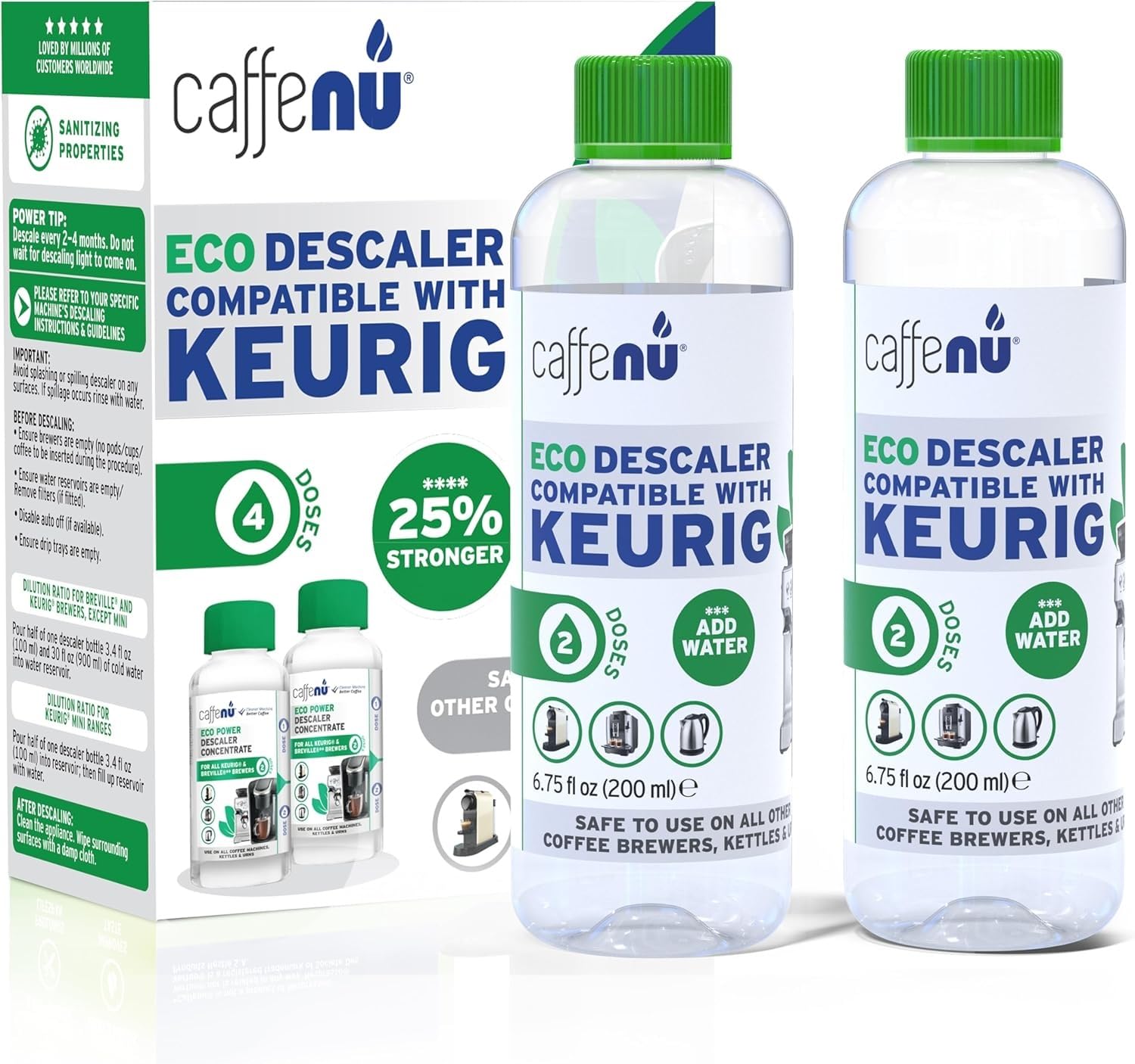 Keurig Compatible Descaling Solution. 2 Bottles of Descaler Solution. Descaling Kit Removes Limescale For Hotter Coffee. 4 Uses Descaler For Keurig Coffee Machines.