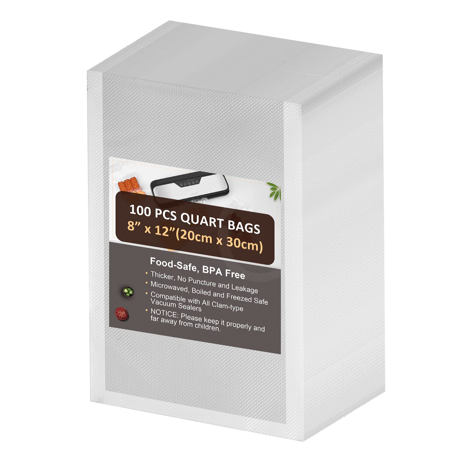 Vacuum Sealer Bags 100 Quart 8" x 12" Food Saver Vacuum Sealer Bags Sous Vide Bags Vacuum Seal BPA Free, Commercial Grade Food Vacuum Sealer Bag Perfect for Vac Storage/Meal Prep/Sous Vide