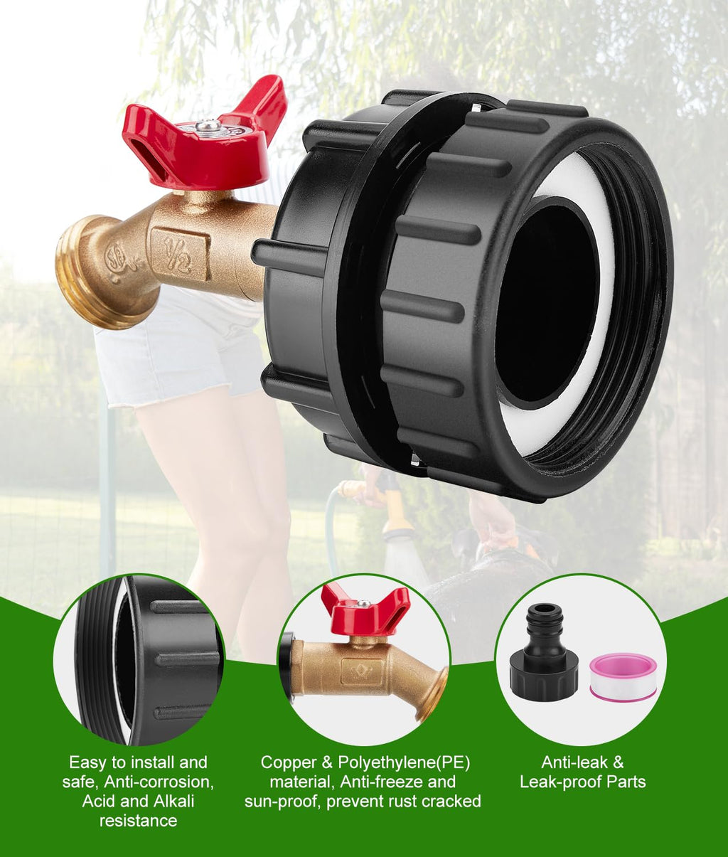 WADEO IBC Tote Adapter, IBC Tote Fittings 1/2" Male NPT Inlet 3/4" GHT Male Garden Hose Quick Connector Outlet Brass Ball Valve Faucet with 60 62mm Female Fine Thread with for Garden Hose Connector