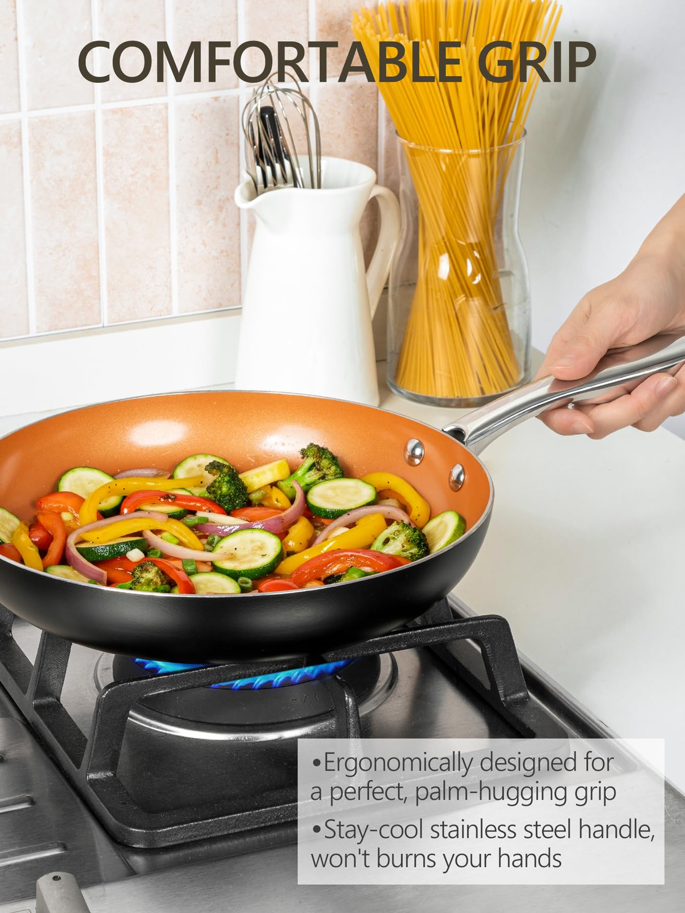 MICHELANGELO 10 Inch Non Stick Frying Pan with Lid, Ceramic Copper Frying Pan, Non-Toxic Skillet with Lid, Induction Compatible, Oven and Dishwasher Safe
