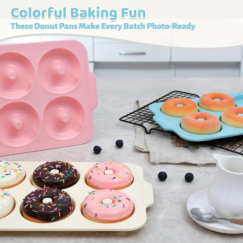 Toeusog Nonstick Silicone Donut Pan: 3.5 Inch Large Donut Mold with Metal Frame - Bagel Doughnut Pan for Baking Gluten Free Glazed Vegan - for Oven Housewife Home Baker Baking Lovers (Green & Beige)