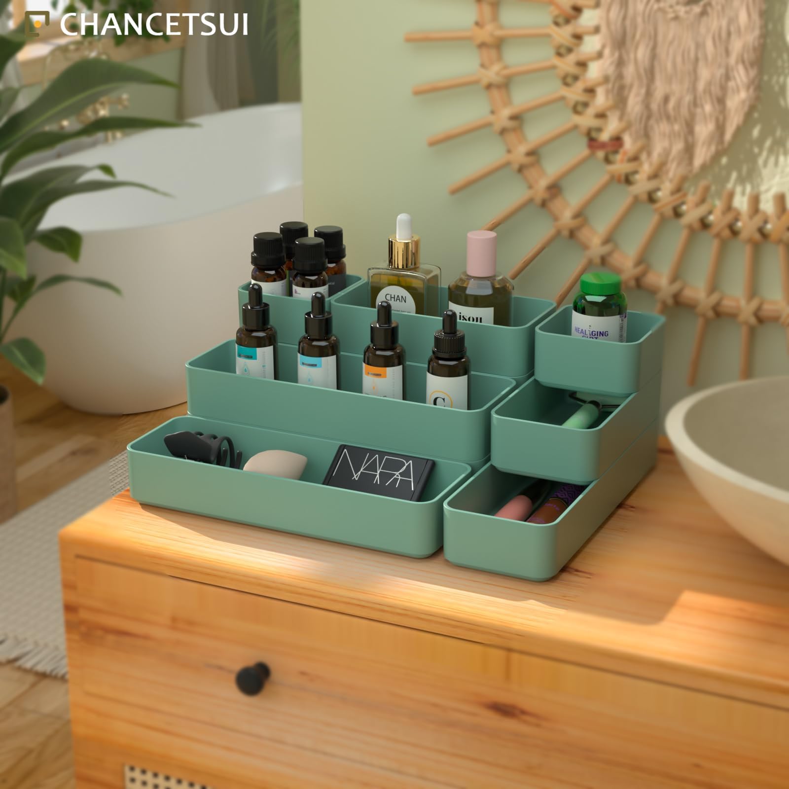 9 Pcs Organizer Trays Set, Multifunctional Stackable Storage Trays for Bedroom, Bathroom, Kitchen Drawer Organizer. Plastic Drawer Storage Boxes Available In 5 Colours, White, Black, Military Blue, Dusty Rose And Forest Green