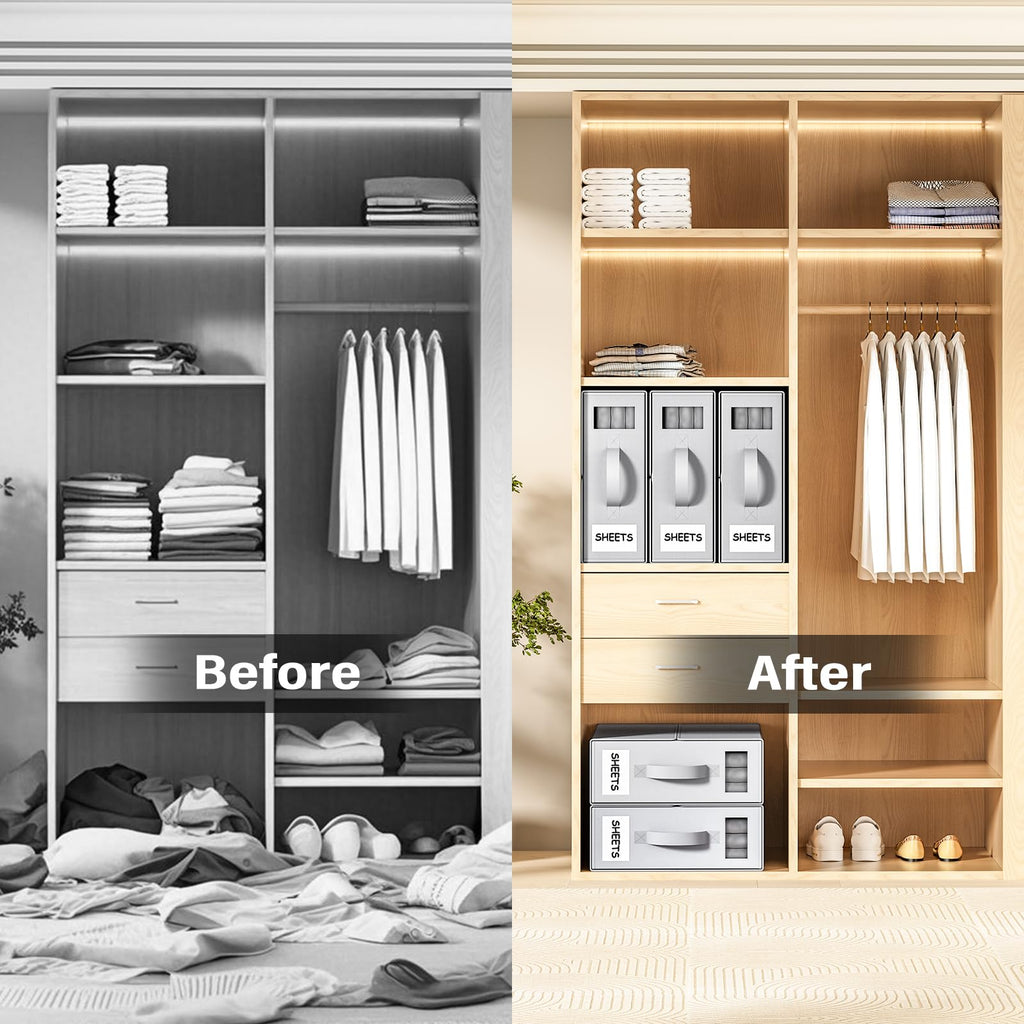 Foldable Bedding Organizer, Fabric Storage Bins for Bed Sheets, Duvet Covers and Pillowcases, Closet Organizer, Storage Container Boxes for Blankets, Clothes (4 pack(Queen or King), Grey)