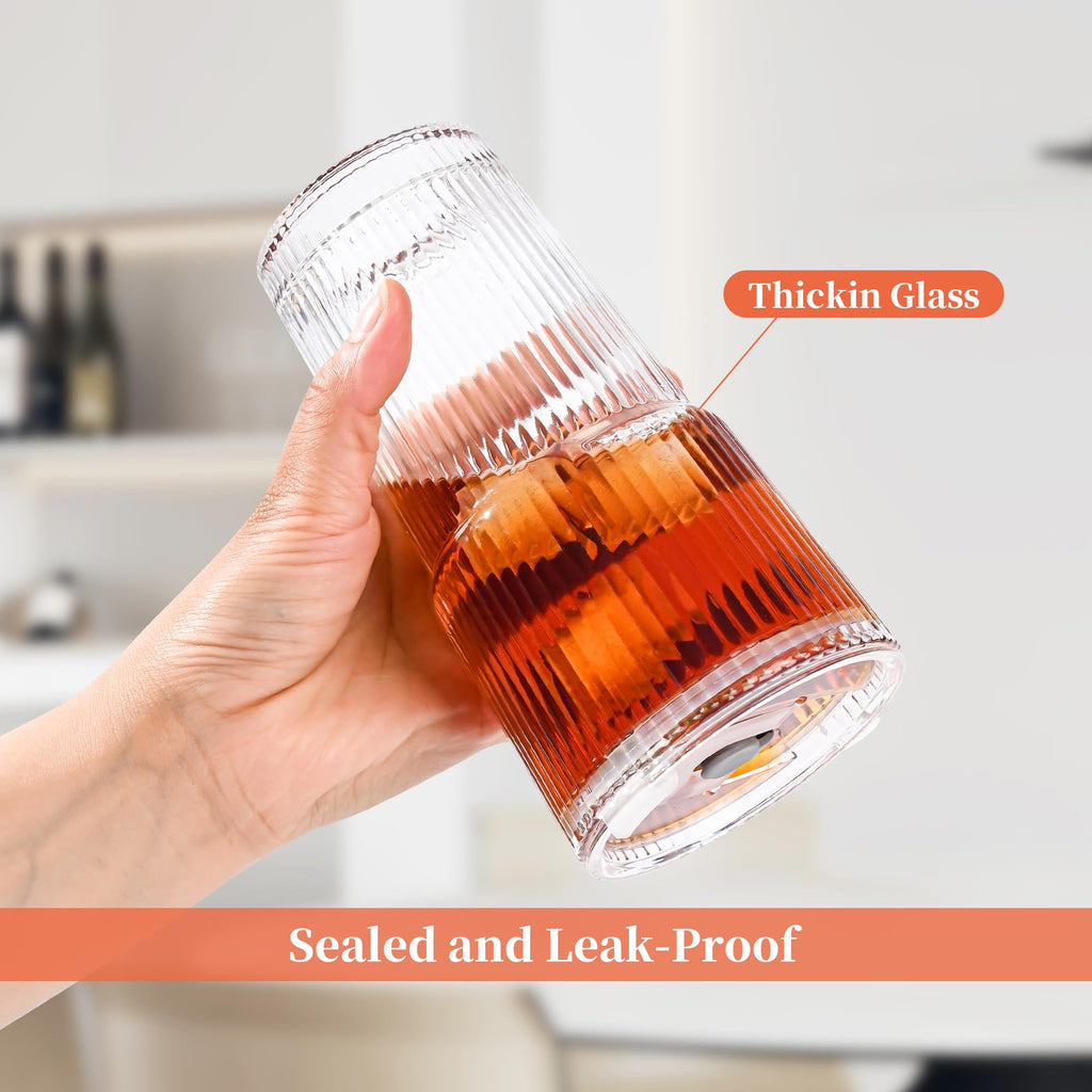 AMYOOLE 20 oz Ribbed Glass Tumblers with Lids and Straws,Clear Drinking Glasses Set of 4,Reusable Vintage Iced Coffee Cups,Leak Proof Thick Glass Cups for Juice,Cocktail,Smoothie,Beer,Boba