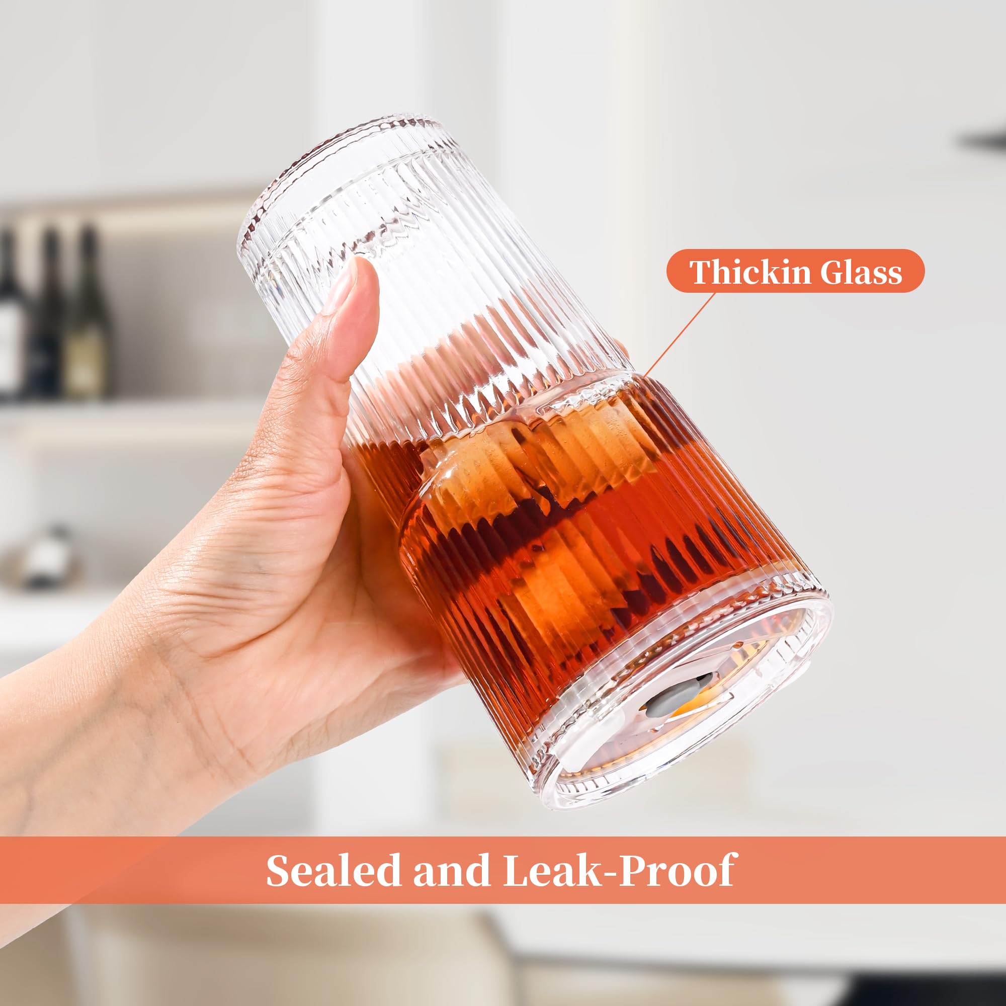 AMYOOLE 20 oz Ribbed Glass Tumblers with Lids and Straws,Clear Drinking Glasses Set of 4,Reusable Vintage Iced Coffee Cups,Leak Proof Thick Glass Cups for Juice,Cocktail,Smoothie,Beer,Boba