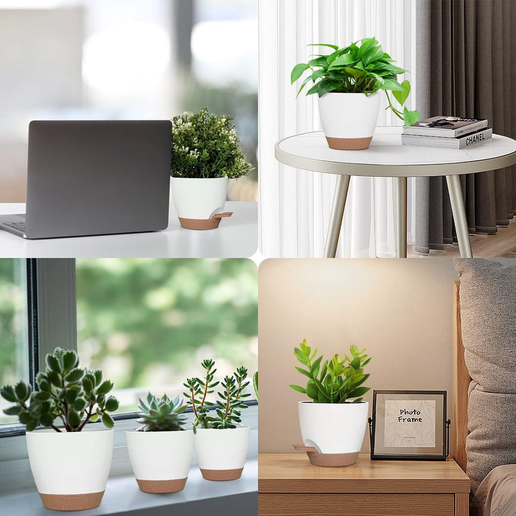 5 Pack Plant Pots 7/6.5/6/5.5/5 Inch Self Watering Planters with Mesh Drainage Holes and 3 Garden Tools for Indoor Outdoor Garden Plants Flowers (White)
