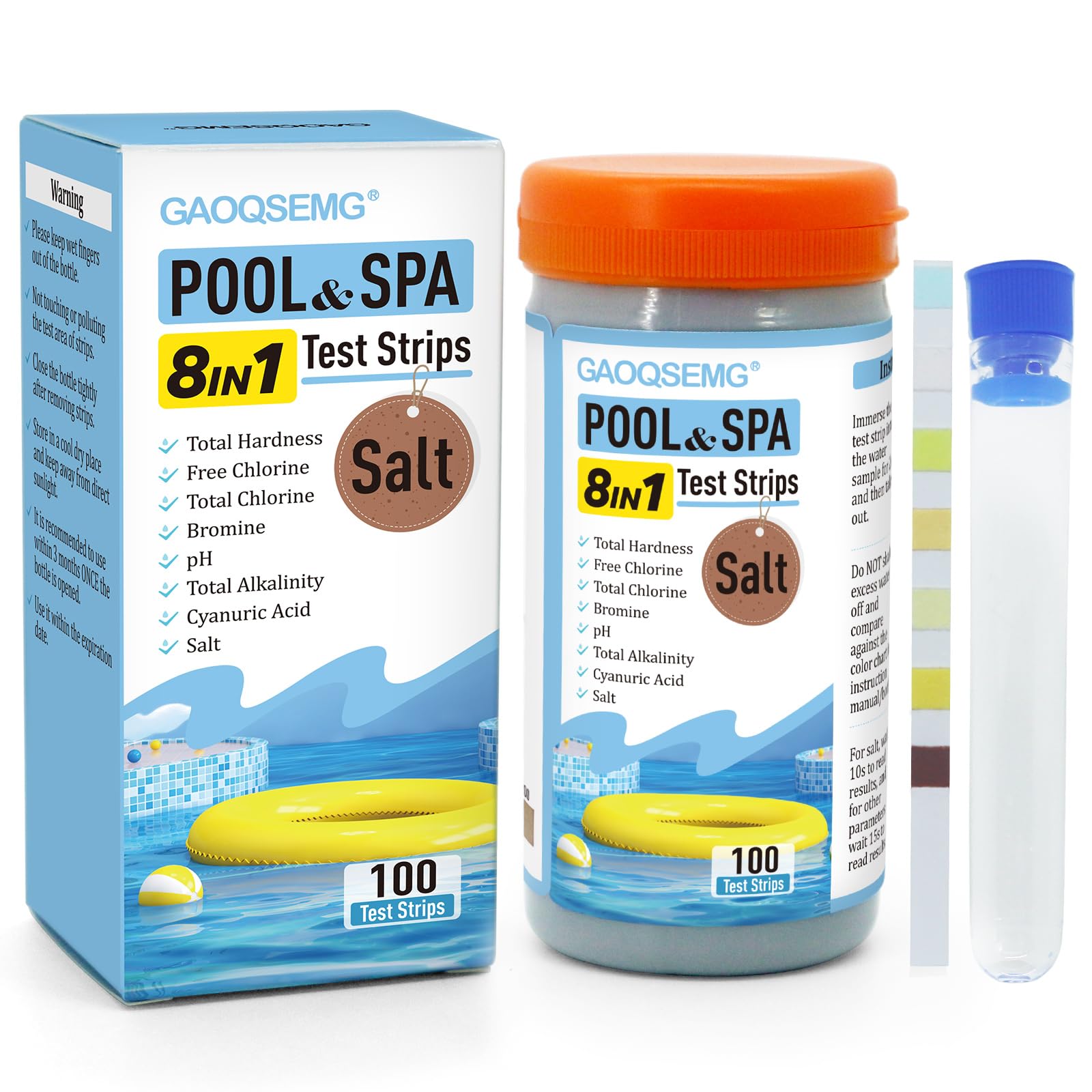 GAOQSEMG 8 in 1 Pool and Spa Test Strips, Salt Pool Test Strips Hot Tub Saltwater Testing Kits Quick & Accurate Testing Salt,Bromine,Chlorine,pH,Hardness,Cyanuric Acid,Alkalinity,100 Strips