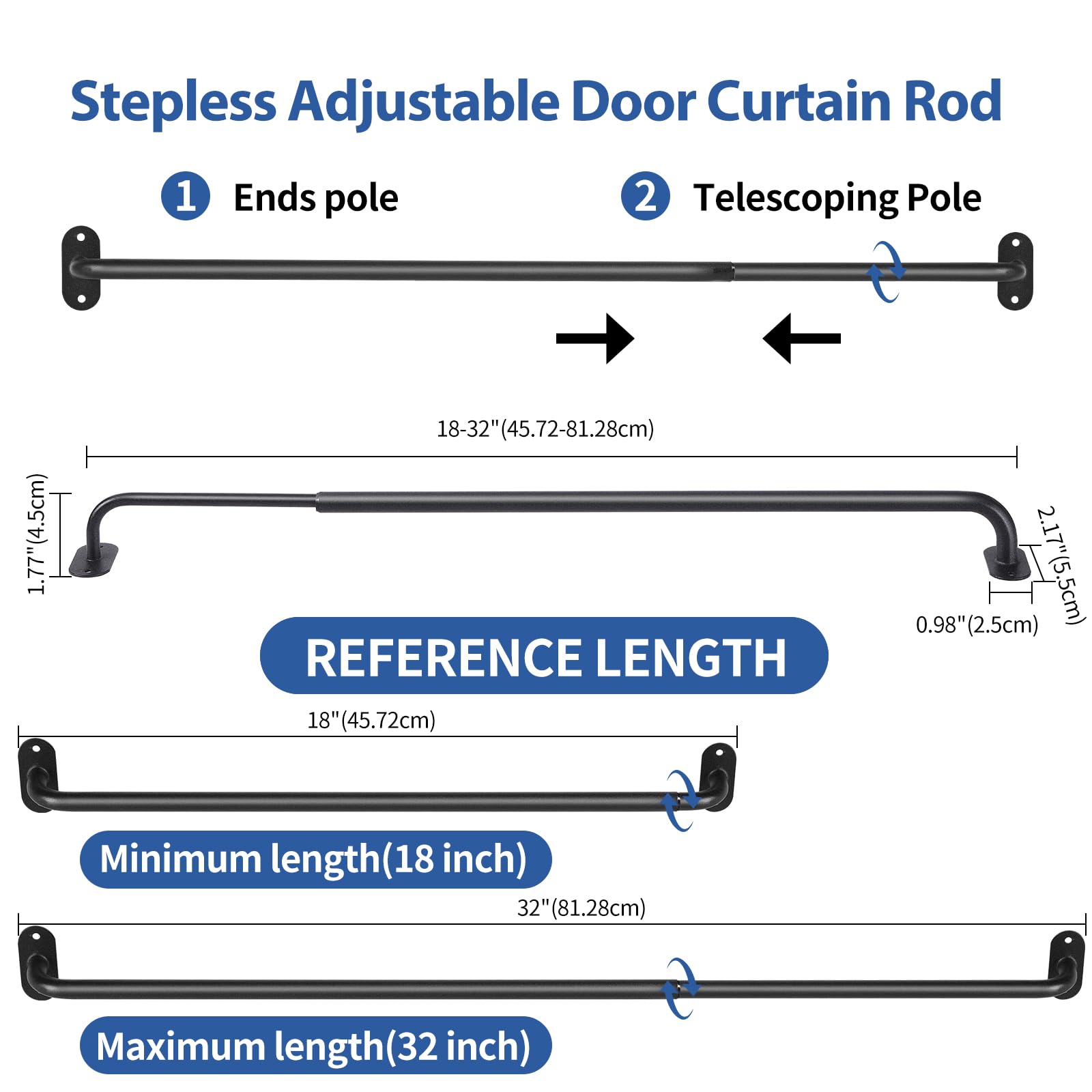 Ruiony French Door Curtain Rod Adjustable 18"-32", Wrap Around Cafe Curtain Rod 1/2" Diameter, Screwed Sash Rods for Door Window, Black, 2 Pack