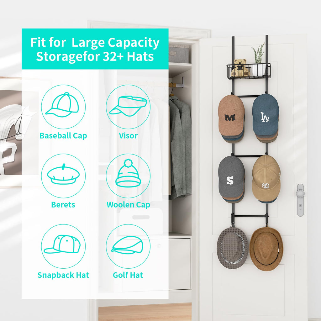 HapiRm Hat Racks for Baseball Caps - Over Door Hat Rack Organizer, Wall Mounted Hats Holder with 6 Hat Hooks and Metal Basket Design, Hanging Hats Storage Up to 32 Caps for Door, Bedroom, Closet