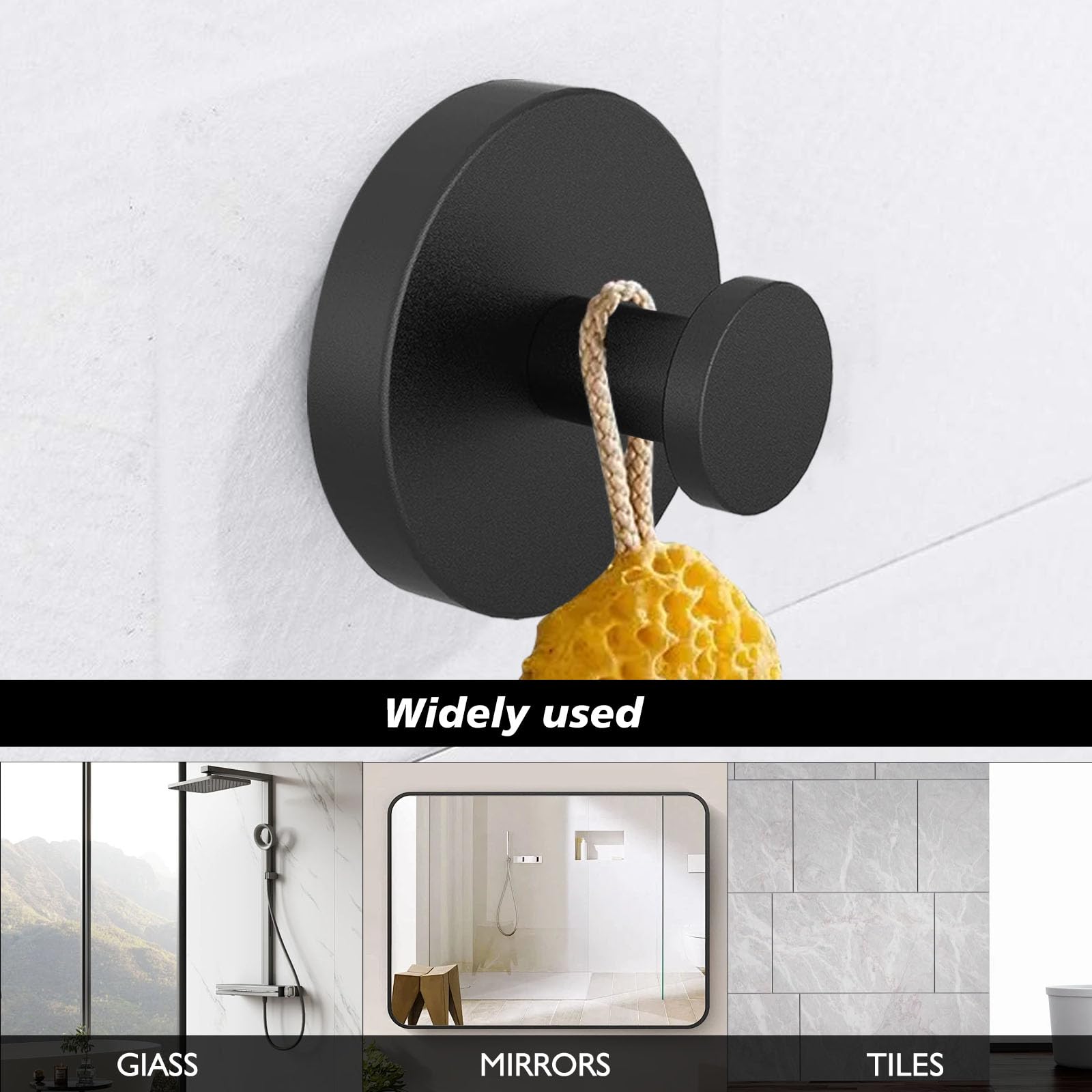 4Pcs Shower Hooks Suction, Suction Cup Hooks, Premium Stainless Steel Suction Hooks Shower Hooks Adhesive Hooks Bathroom Towel for Glass Mirror Smooth Surface（Black*4）