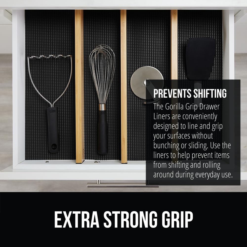 GORILLA GRIP Drawer and Shelf Liner, Strong Grip, Non Adhesive Easiest Install Mat, 12 in x 20 FT, Durable Organization Liners, Kitchen Cabinets Drawers Cupboards, Bathroom Storage Shelves, Black